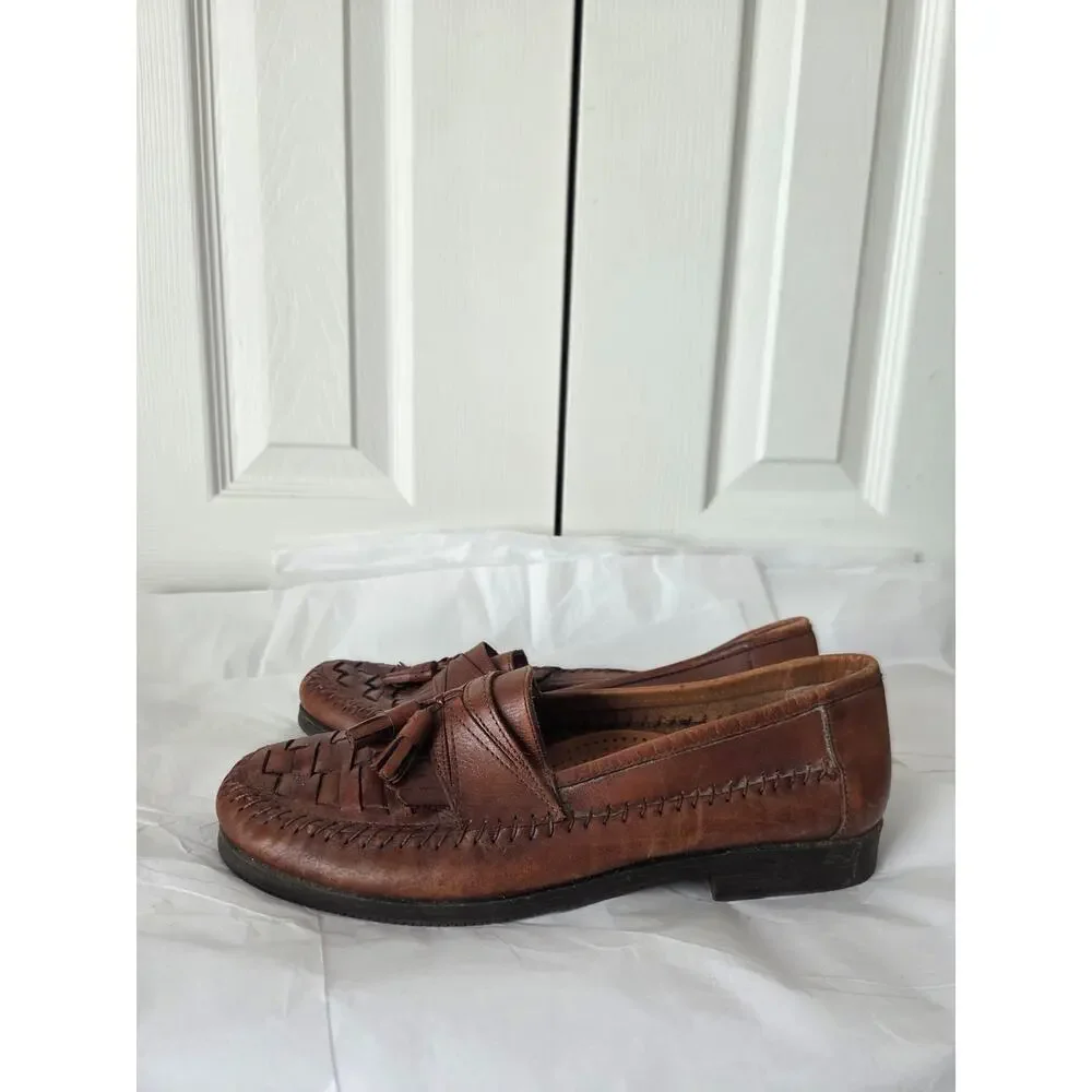 Vintage 90s Giorgio Brutini Brown Braided Woven Leather Tassel Loafers Mens 9.5